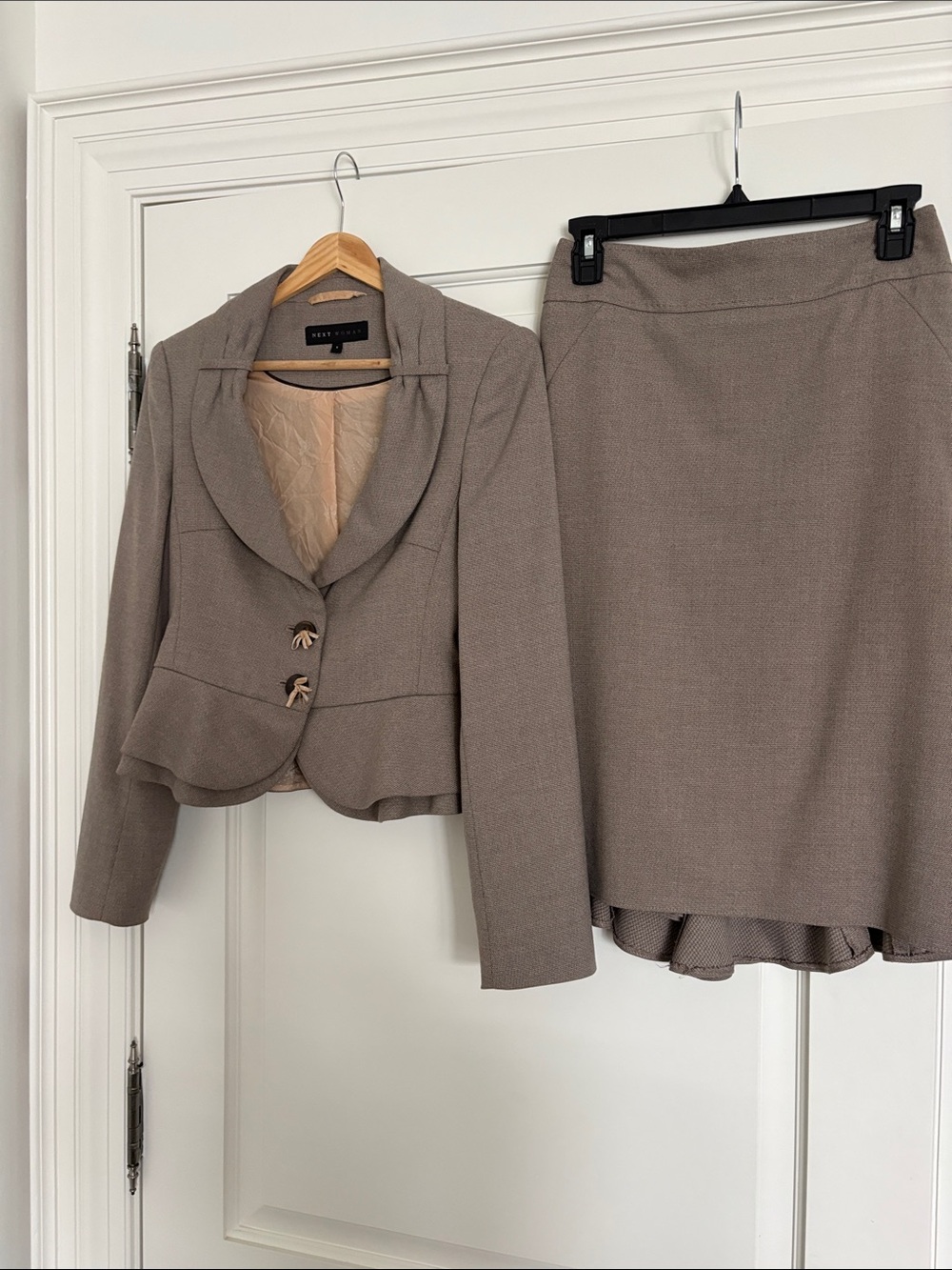 Taupe Women's Peplum Blazer & Skirt Set with Feminine Detail